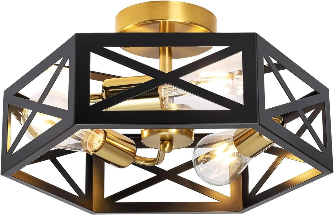 Semi Flush Mount Ceiling Light, Black and Gold Light Fixtures Ceiling Mount with Hexagon Cage, Metal Industrial Close to Ceiling Light for Hallway, Kitchen, Bedroom (Black and Gold, 14.56''L)