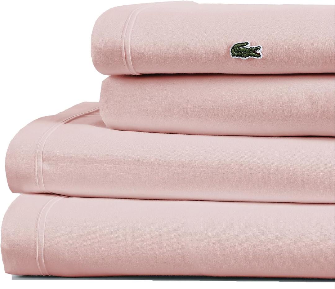 Lacoste 100% Cotton Percale 4-Piece Sheet Set  Cool, Crisp, Matte, and Durable, Oeko-Tex Certified  Solid, Iced Pink, Standard King