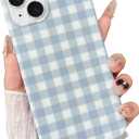 for iPhone 15 Case, Cute Gingham Pattern Aesthetic Phone Case, Stylish Shockproof Soft TPU Phone Cover for Women Girls, Grey Blue