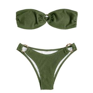 ZAFUL O Ring Bandeau Bikini Sets for Women Sexy Strapless Swimsuits 2 Piece High Cut Bathing Suit Leopard Ring Amy Green M