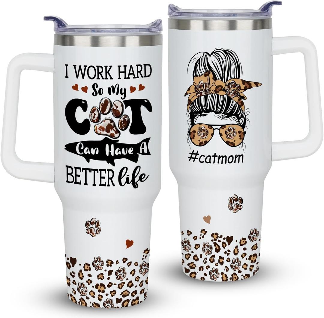 Cat Mom Lover Mothers Day Birthday Christmas Gifts for Women, 40 oz Cat Mom Cup Tumbler with Handle Lid and Straw