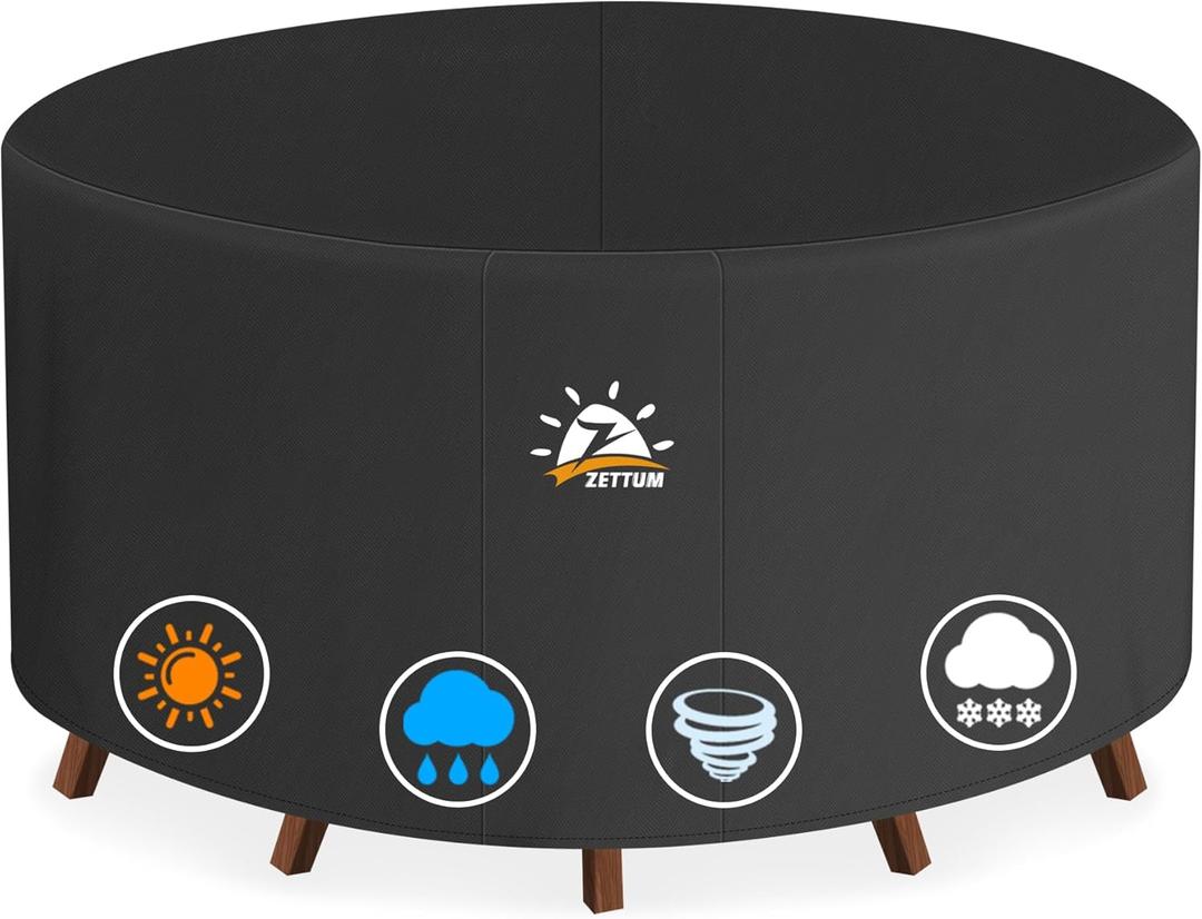 Round Patio Table Cover 110 Inch - 600D Outdoor Furniture Cover Round Waterproof & Heavy Duty, Lawn Furniture Set Covers Large for Outside Dining Table and Chairs Seating - 110 x 110 x 28 Inch