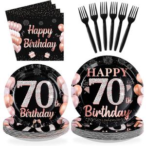 96 Pcs 70th Birthday Party Decorations for Women, Serves 24 | Black and Rose Gold 70th Plates and Napkins Rose Gold 70 Happy Birthday Tableware Set for Women 70 Year Old Party Supplies