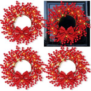 Dingion 4 Pack Christmas Mini Wreath for Cabinets 13 Inch Pre-lit Artificial Red Berry Wreath Bulk with LED Lights and Bow Xmas Winter Holiday Decor for Kitchen Front Door Wall Window Home