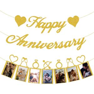 Happy Anniversary Party Decorations - Banner and Photo Banner for Wedding Party Decor (Gold)