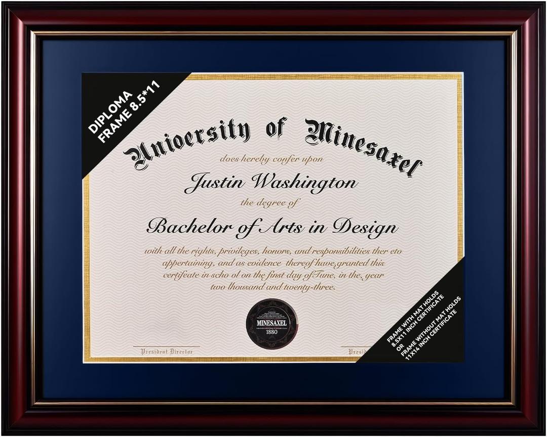 Solid Wood Diploma Frame 8.5 x 11 Certificate Frames with Navy Mat or 11x14 Document without Mat as Graduation Picture Frame