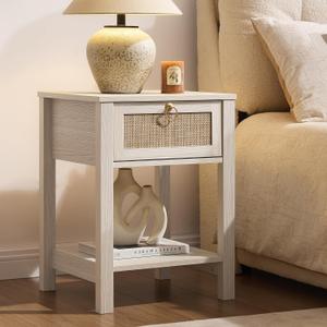 SICOTAS White Nightstand Set of 2,Rattan Decor Drawer with Brass Knobs Night Stand Bedside Table Boho End Tables Side Tables with Storage Shelf for Bedroom,Small Space