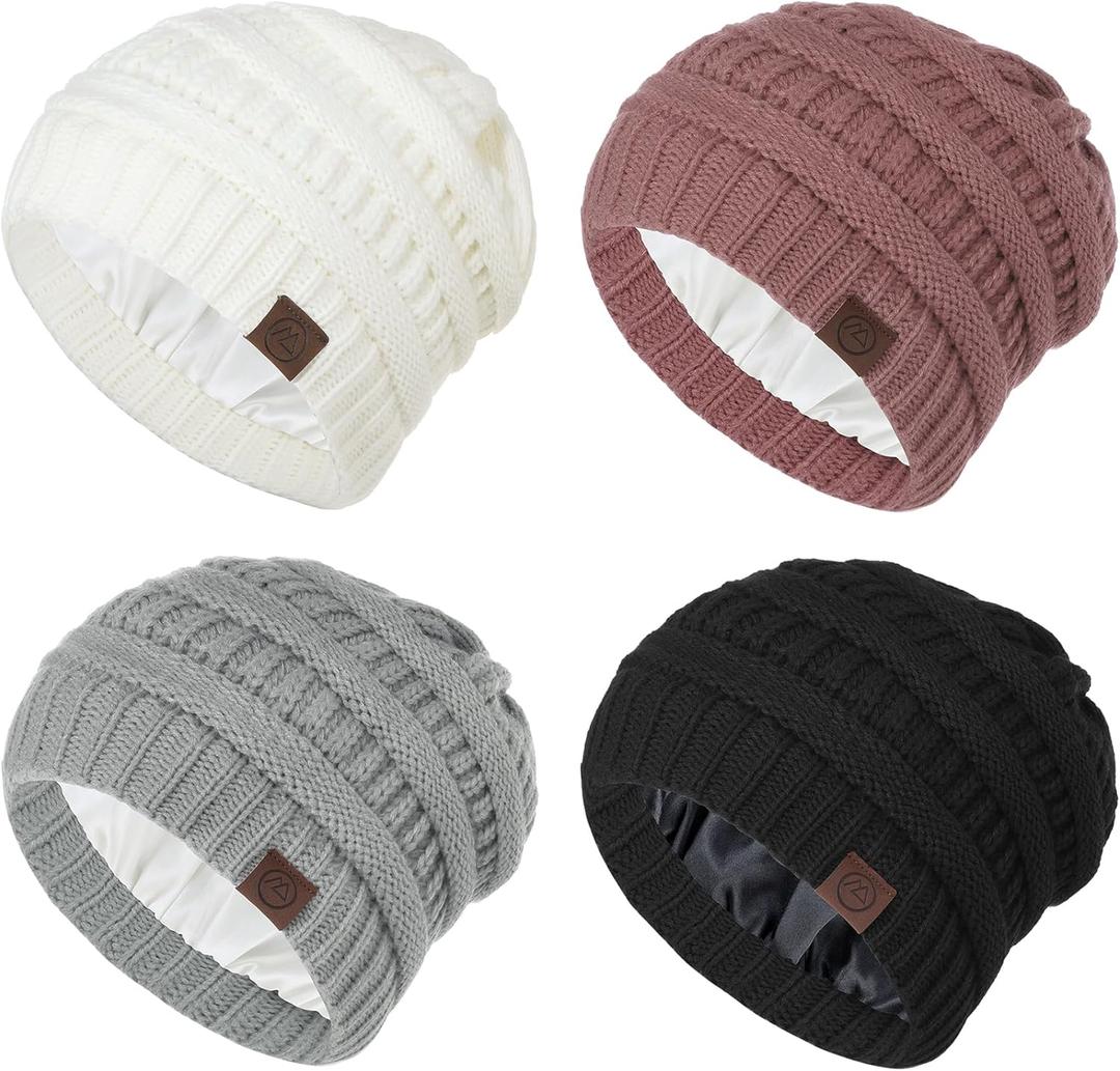 Zando 4 Pack Satin Lined Beanie for Women Men Teen - Warm Slouchy Winter Beanie Hats Sleep Cancer Knit Skull Cap