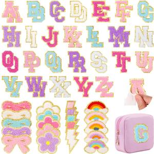 72 Pcs Preppy Chenille Patches Self Adhesive for DIY Clothing, Include 52 A-Z Chenille Letter Patches Stick on,20 Rainbow Flower Lighting Bowknot Embroidered Stickers Patches for Backpacks Bags Hats