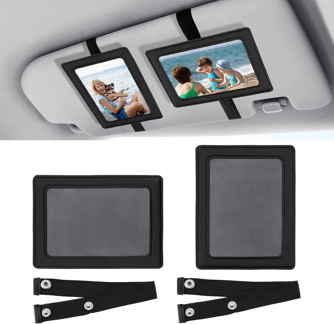 2 x Koongloong 2PCS Car Picture Frame PU Leather Sun Visor Photo Holder with Elastic Band Fit 4x5.5 Inch Pictures Vertical and Horizontal Universal Black