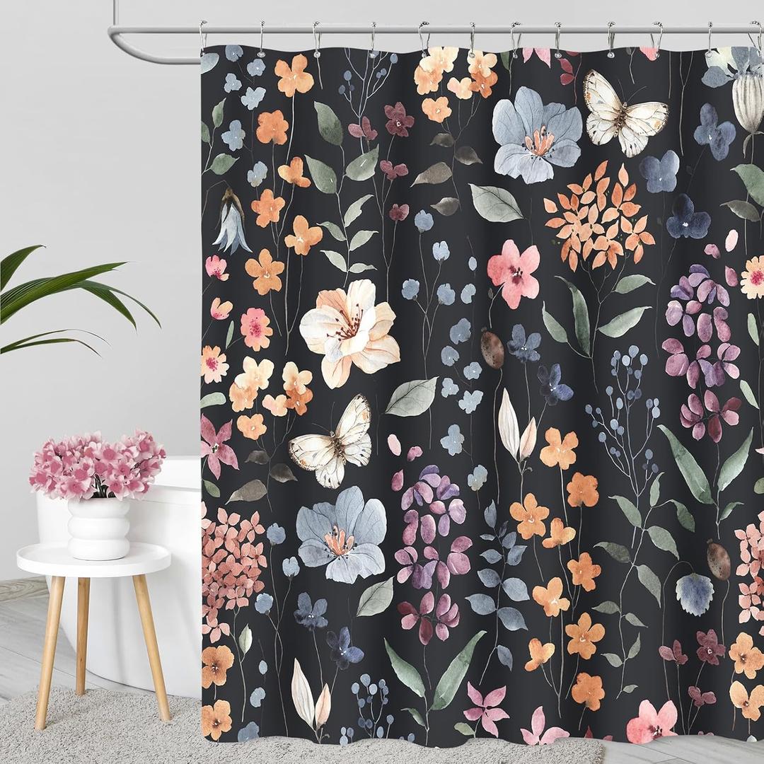 Black Floral Shower Curtain, Botanical Wildflower Dark Fabric Shower Curtain Set with Hooks, Flower Leaf Bath Curtain Boho Vintage Rustic Shower Curtains Moody Maximalist Bathroom Decor, 72x72