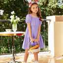Arshiner Girls Dresses Short Sleeve Ruffle Chiffon Summer Flowy Dress with Square Neck (Purple)