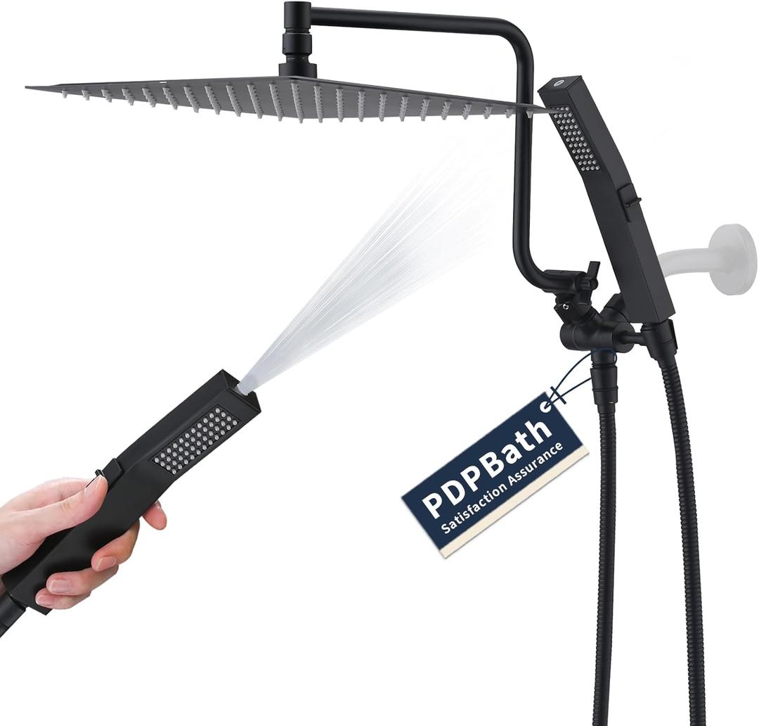 PDPBath All Metal Rainfall Shower Head with Handheld, 12'' High Pressure Rain Shower Head with Adjustable Extension Arm Z-shaped, 79" Extra Long Hose, 3-Way Diverter, Matte Black