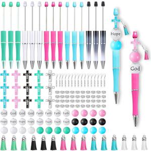 Easter Cross Beadable Pens Craft - 15 Set Jesus Christian DIY Beaded Pen Making Kit with Beads Bulk, Make Your Own Wood Crosses Beading Ballpoint for Classroom Sunday School Bible Church Party