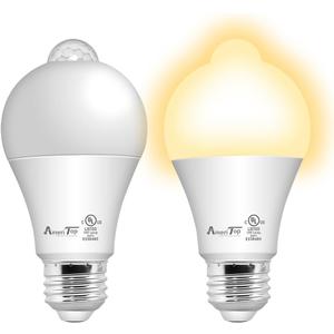 AmeriTop Motion Sensor Light Bulb- 2 Pack, 10W(60W Equivalent) 806lm Motion Activated Dusk to Dawn Security LED Bulb; UL Listed, A19, E26, Auto On/Off Indoor Outdoor Lighting (2700K Soft White) (3000k Warm White)