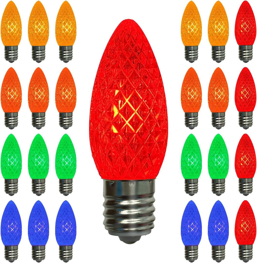 C9 LED Replacement Christmas Light Bulbs, Multicolor Shatterproof LED Bulbs Dimmable for Christmas String Lights, 0.6W Night Light Bulbs, E17 Intermediate Base Xmas Decoration Bulbs, 25 Pack