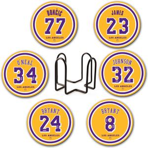 Laker Coasters for Drinks, LA Los Angeles Ceramic Coasters Set of 6, Laker Gift for Man, with Holder (Team 3)