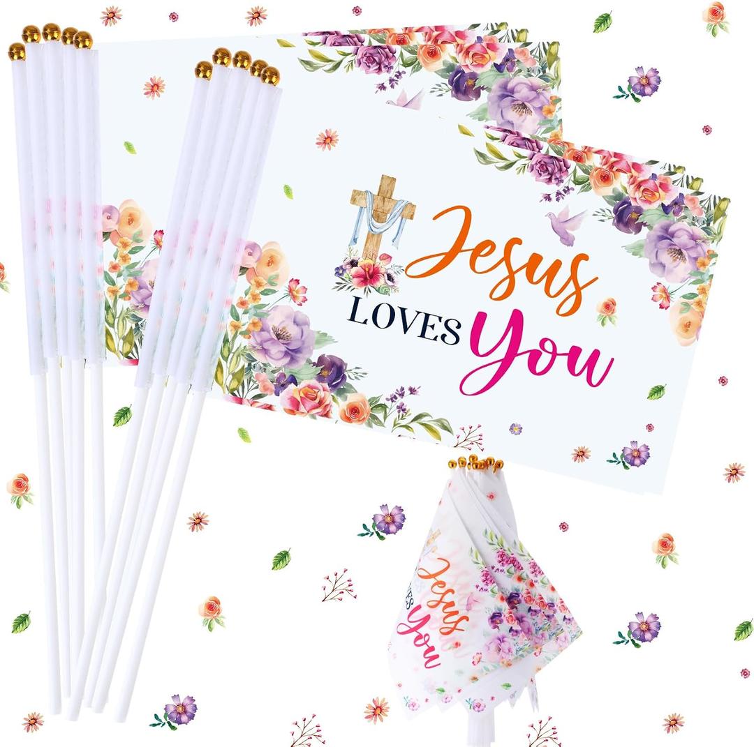 Outus 30 Pcs Jesus Stick Flags Jesus Love You Decorations Small Mini Handheld Flags for Religious Christian Sunday School Baptism Gifts Party Favors Supplies Spring Summer Floral Outdoor Indoor Decor