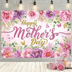 MEHOFOND 71x43 Inch Mother's Day Backdrop Pink Purple Floral Happy Mother's Day Decorations I Love Mom Photography Background for Women Thank You Mother Decorations Banner Photo Booth Props