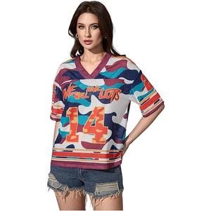 RoseSeek Jersey Shirts for Women Number Graphic Print Mesh Color Block V Neck Short Sleeve Football Jerseys T-Shirt, S
