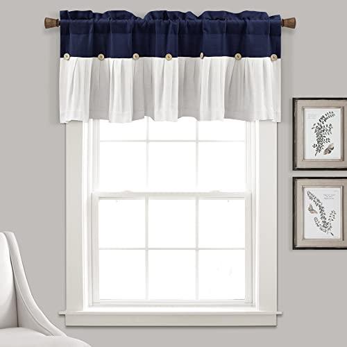 Lush Decor Linen Button Farmhouse Valance Curtians 52"W x 18"L Navy & White - Linen Valances For Windows - Kitchen Curtains Valances - Bathroom Curtain
