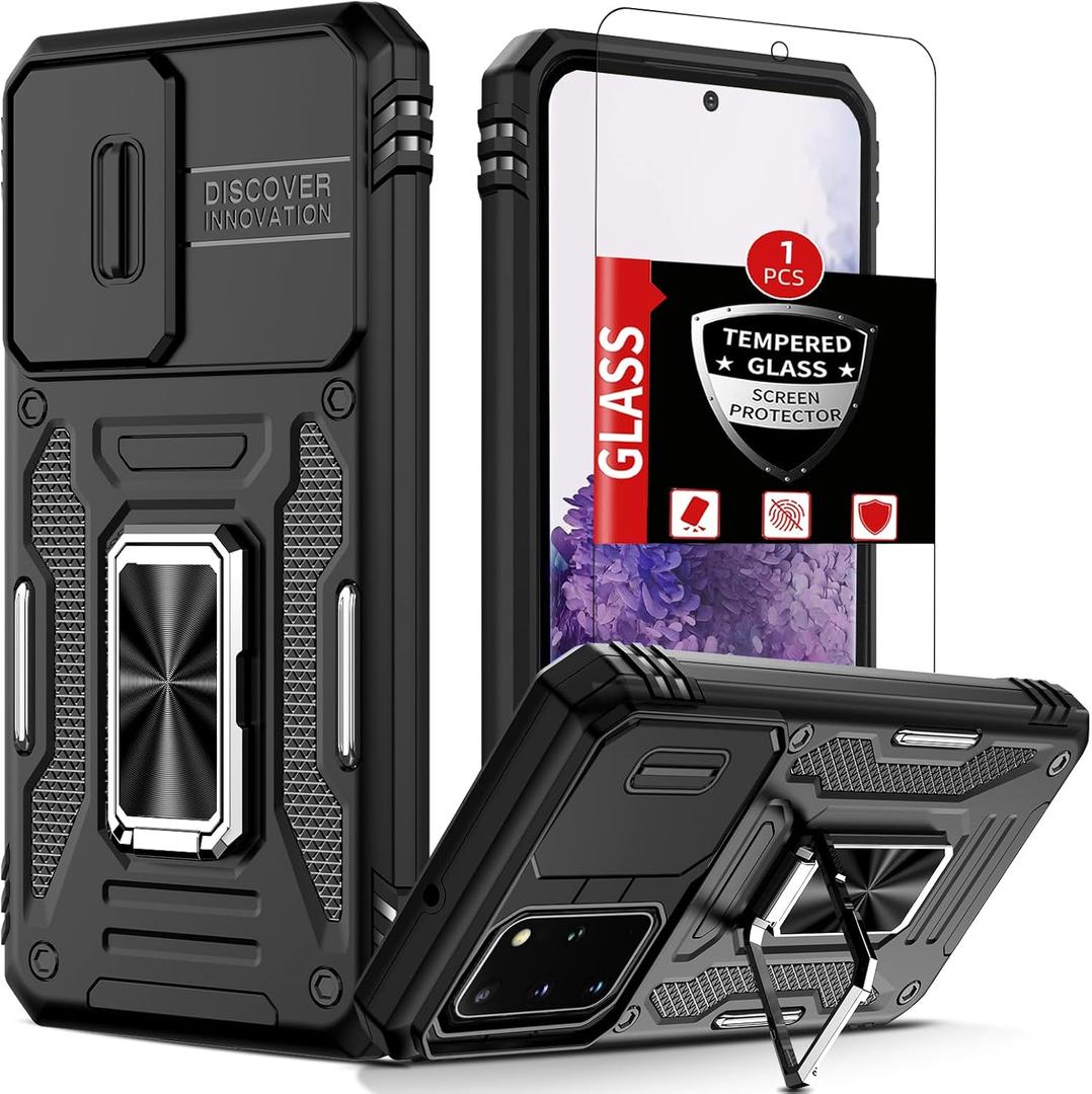 for Samsung Galaxy S20 Case with Screen Protector,Built-in Slide Camera Cover+360Kickstand Ring for S23+Plus Case Shockproof Anti-Scratch Military-Grade Drop Heavy Duty Protection Black
