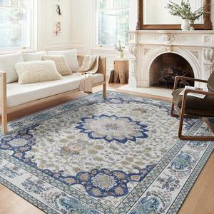 Bohemian Washable Area Rug, Large Carpet for Living Room & Bedroom, 8'x 10' Blue
