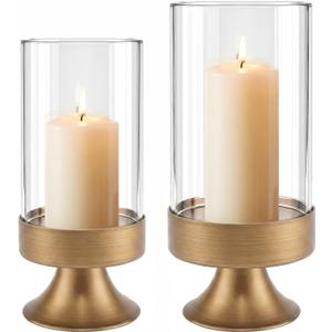 Gold Hurricane Candle Holder with Glass Cylinder Metal Pedestal Candlestick | Decorative Candle Holder for Pillar Candles Elegant Centerpiece for Dining Table Wedding Fireplace Mantel Living Room Home