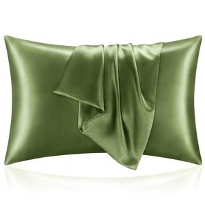 Olive Satin Silk Pillow Covers Pack of 2 for Hair and Skin-with Satin Scrunchies for Women 19 x 30 Inches Solid Pillowcovers Silk Scrunchies for Women 