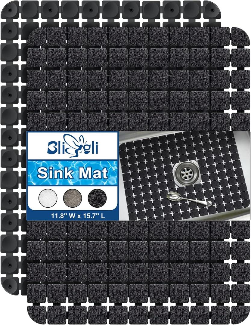 Bligli Sink Mat for Stainless Steel/Ceramic Sinks, Pack of 2 15.7x11.8 inches PVC Sink Protectors for Bottom of Kitchen Sink, Dishes and Glassware drain Mats, Durable and Fast Draining (Black)