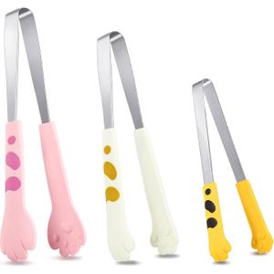 3 Pcs Cat Paw Tongs Kawaii Food Stainless Steel Kitchen Tongs Cute Kitchen Accessories Gift for Cooking Toast, Bagels Barbecue and More, 3 Size(Yellow, Pink, White)
