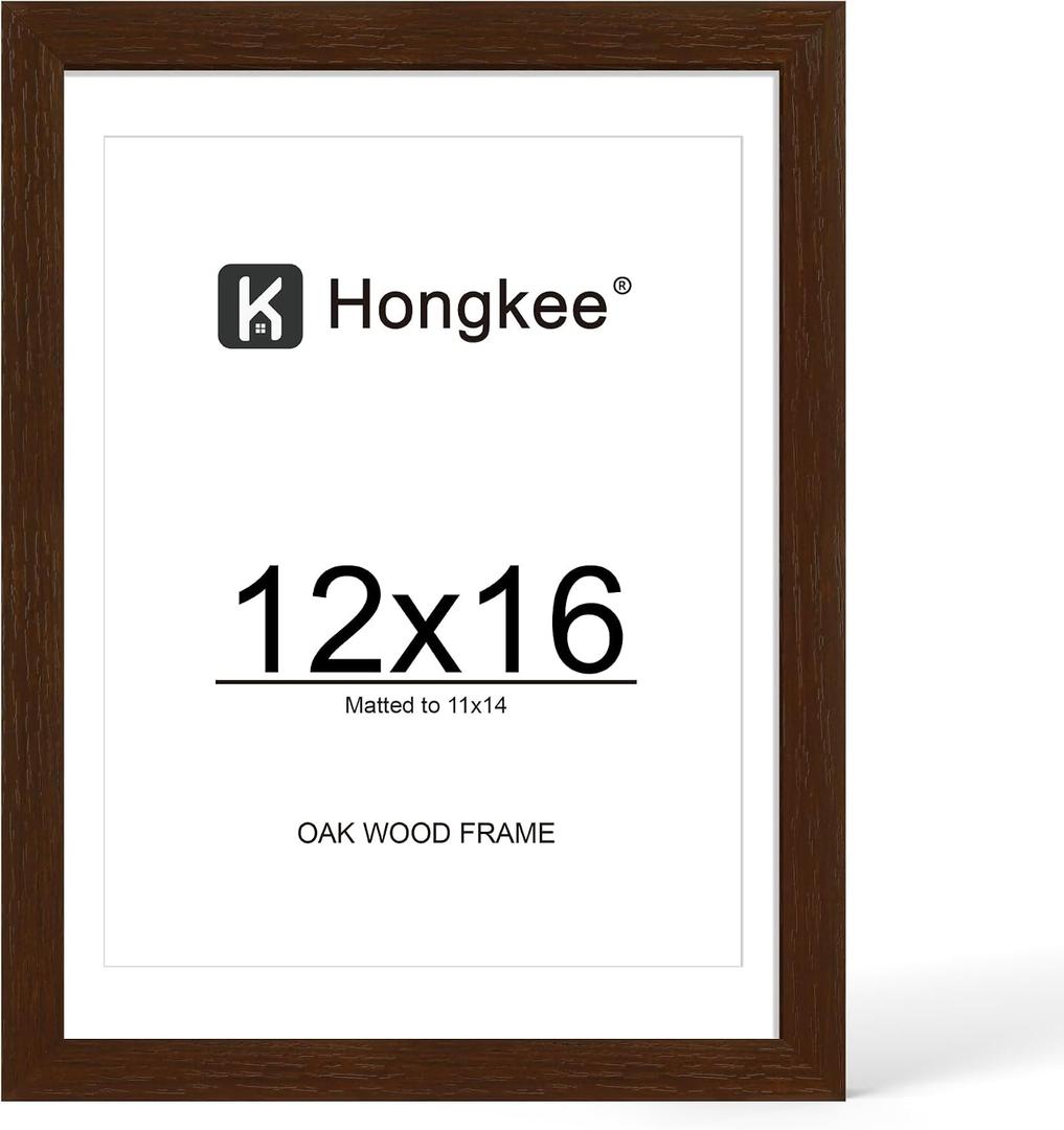 Hongkee 12x16 Oak Wood Picture Frame, Display Photos 11 x 14 with Mat or 12 x 16 without Mat - Tempered Glass Cover, Horizontal and Vertical Display for Wall Mounting (Walnut, Set of 1)