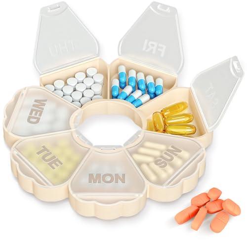 Enlarged Weekly Pill Organizer 7 Day, Daily Pill Box with Never Faded Etched 3D Date Labels, Travel Pill Case with Large Compartment for Medication, Vitamin, Fish Oil, Supplements-Beige