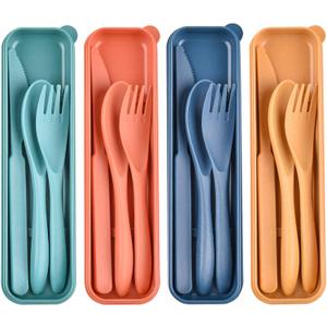 Reusable Wheat Straw Cutlery with Case, Portable Dark Utensils Set for Adults, Tableware Camping Cutlery Set for 4 People, Travel Utensils Set for Kitchens, Dishwasher Safe
