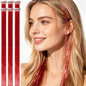 Celinebella Red Clip in Hair Tinsel 6Pcs,80 Strands 24 Inches,Heat Resistant Vibrant Hair Extensions for Women Teens Holiday Party Christmas Accessories