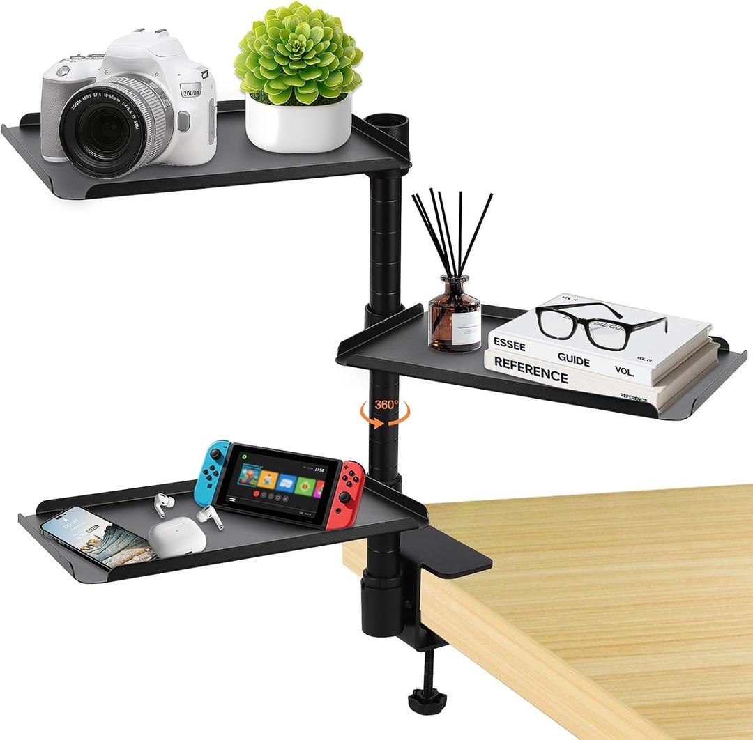 3 Tier Clamp On Desk Shelf,360 Rotatable Adjustable Above or Under Desktop Organizer,Carbon Steel Storage Tray for Home Office and Gaming AccessoriesBlack