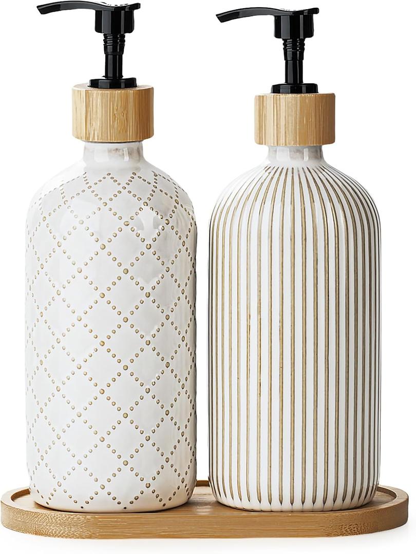 Getstar Hand and Dish Soap Dispenser Set, Ceramic Soap Dispenser for Bathroom and Kitchen with Rust Proof Pump and Tray, Set of 2 (Black Pump)