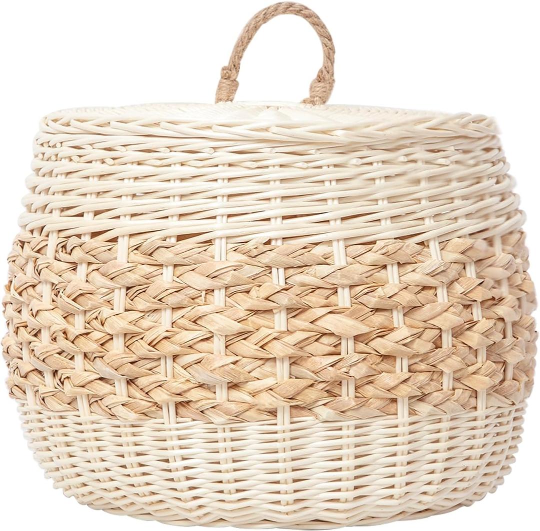 Vintage multi-purpose storage basket with lid, plant material hand-woven storage basket, suitable for bedroom, living room, bathroom, white