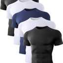 Dalavch 5 Pack Mens Compression Shirts Short Sleeve Cool Dry Sports Athletic Workout Base Layer Undershirt T-Shirt Tops (Medium, 2 Black 2 White 1 Blue)