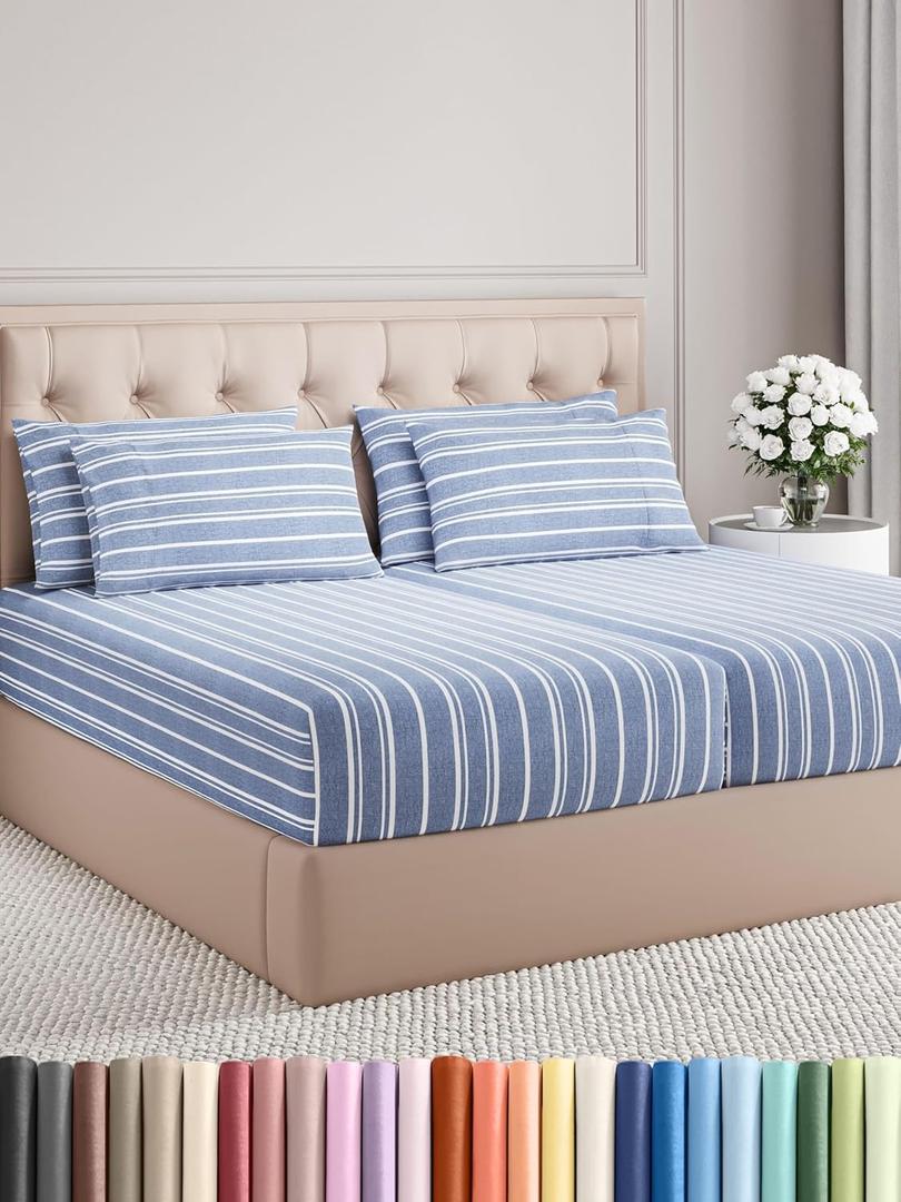 Split King 7 Piece Sheet Set - Comfy Breathable & Cooling - Soft Hotel Luxury Bedding Set w/ 8-16 Inch Deep Pockets - 1 Flat & 2 Fitted Sheet & 4 Pillowcases - Cozy and Wrinkle Free - Blue Stripes 3