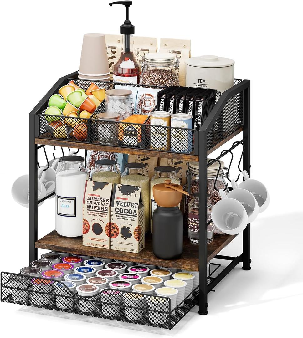 Homsorout Coffee Bar Organizer - Countertop Coffee Station, 42 K Cup holder Storage Basket with Drawer and Hooks for Syrup, Cups, Stirrer, Condiment, Tea Organizer, Black and Brown