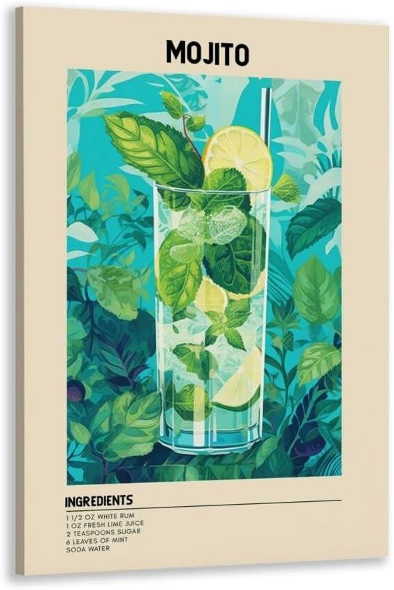 GyXzodonti Mojito Cocktail posters retro cocktail wall art Cocktail Drink Wall Decor Vintage bar cart decor Kitchen Home Bar Cart Club Decor Canvas Print 16x24inch Framed (16L" x 24W", style-9-Framed)