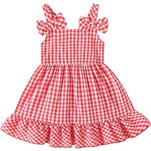 Infant Baby Girl Beach Sundress Casual Sleeveless Smocked Boho Dress Halter Ruffle Toddler Summer OutfitRed Plaid, 6-12 Months