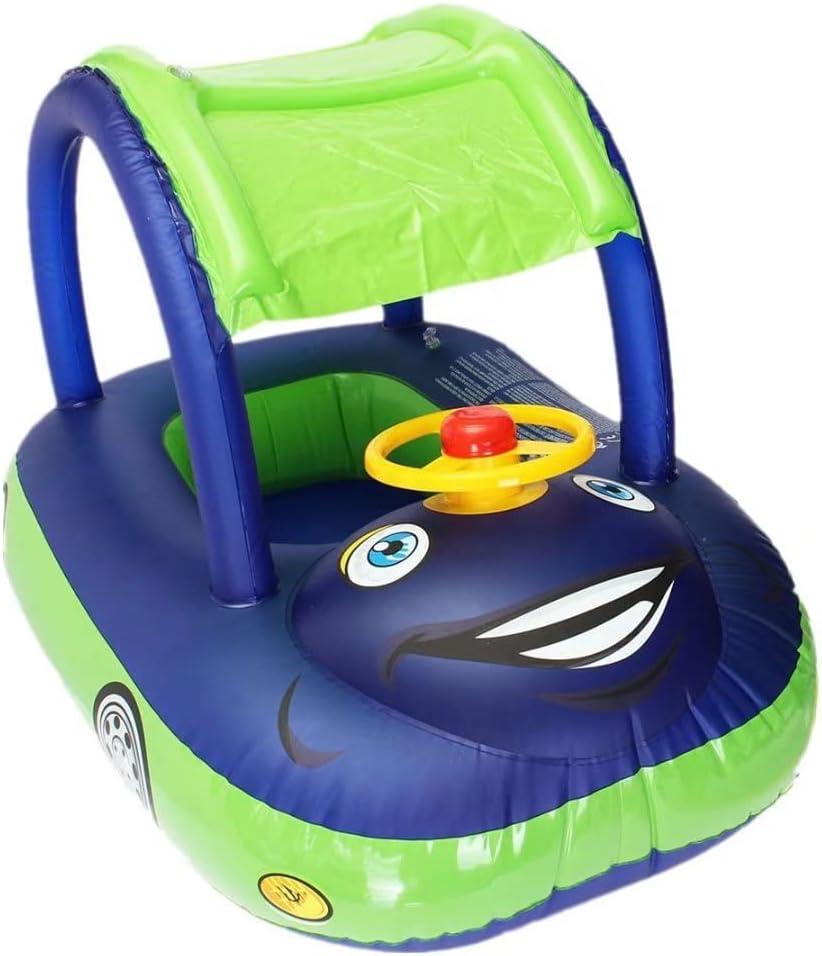 Baby Pool Float with Canopy Summer Steering Wheel Sunshade Swim Ring Car Inflatable Toys Infants Float Seat Boat for Kids Toddlers (blue)