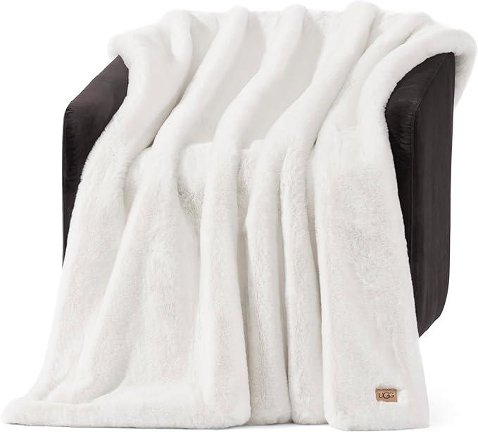 UGG Euphoria Faux Fur Throw Blanket, Warm Fluffy for Couch or Bed, Luxury Bedroom Decor, Blankets, Machine Washable, 50-inch x 70-inch, White Snow