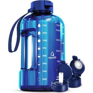 AQUAFIT Half Gallon Water Bottle with Time Marker | BPA Free Half Gallon Water Bottle with Straw and Chug Lids - Leakproof Gym Water Bottle with Carry Handle (Blue)