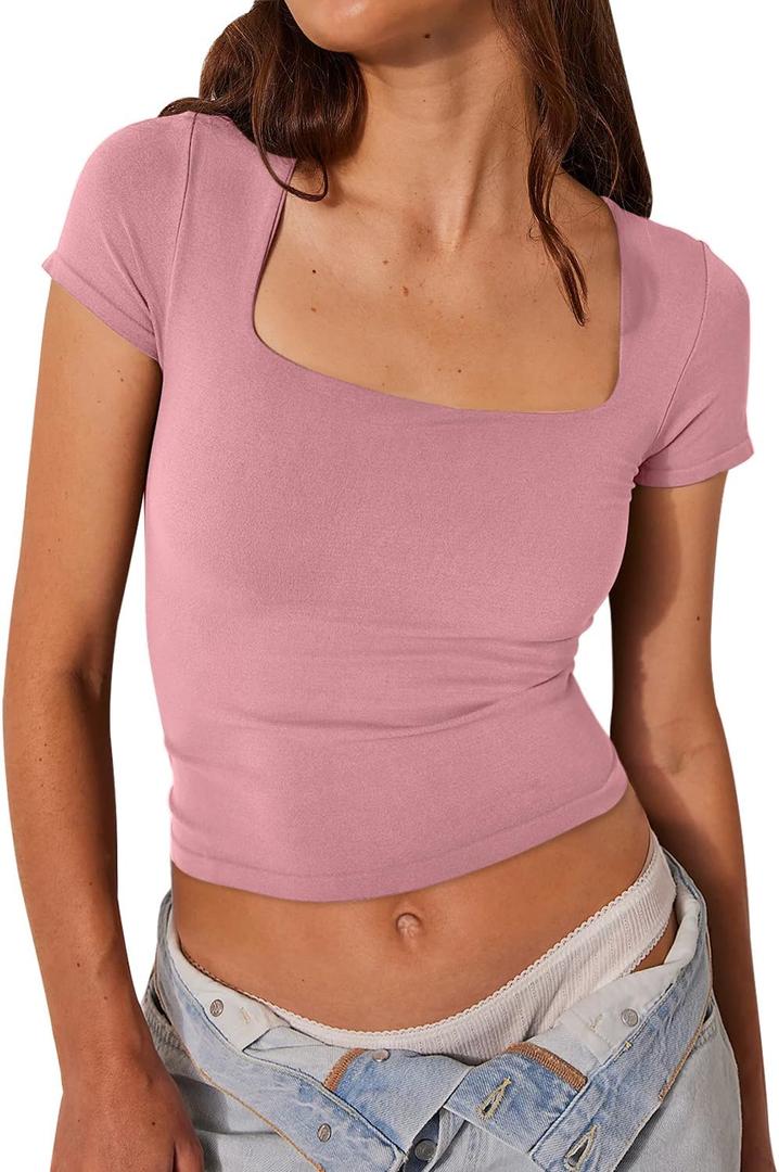 Womens Square Neck Short Sleeve Crop Tops Double Layer Tight T Shirts Cropped Basic Tee (Large, Pink)