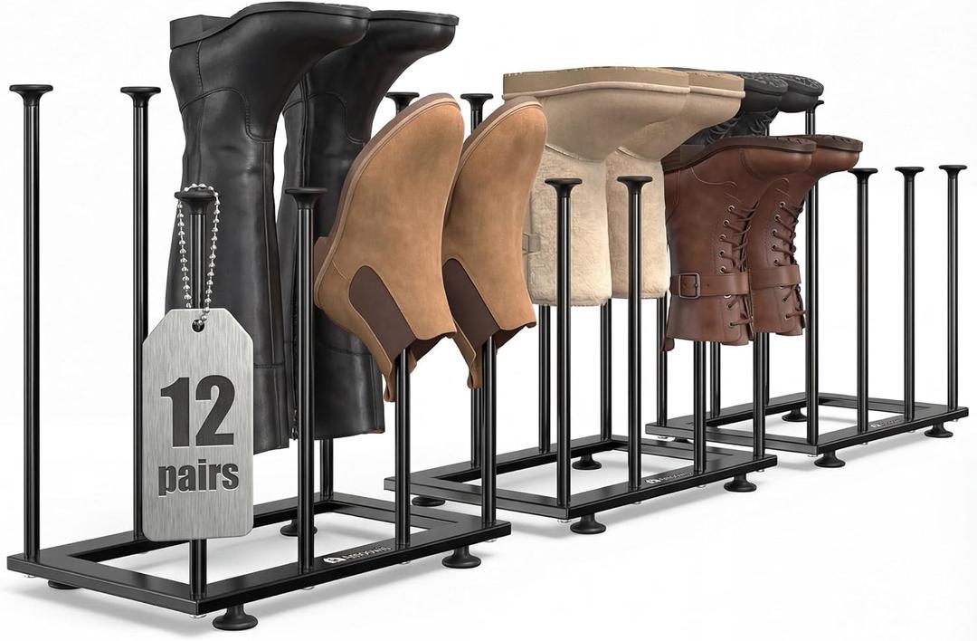 Free Standing Shoe Rack Organizer, Black Metal Tall Boot Holder, Space-Saving Shelf Storage, for Closet, Entryway, Garage, Bedroom, Outdoor, Apartment, Front Door, Entrance, Fits 12 Pairs