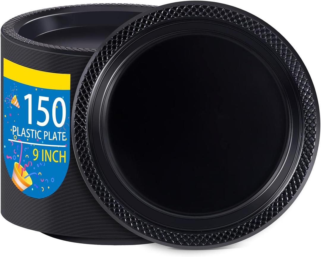 WELLIFE Black Plastic Plates 9 Inch -150 Count for Party, Plastic Disposable Dinner Plates for Easter Picnic BBQ (9Inch150 Guests)