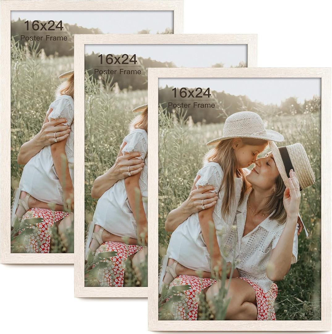 16x24 Frame Set of 3, White Wood Grain 16x24 Poster Frame for Gallery Wall Mounting (3 Pack, White)